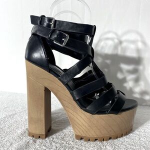 Forever 21 Black Faux Leather Chunky Platform Strappy Sandal Heels 9